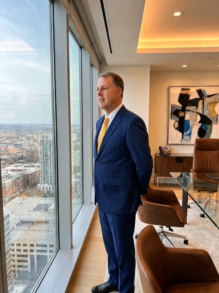 Brian Carenza looking over city skyline from office window